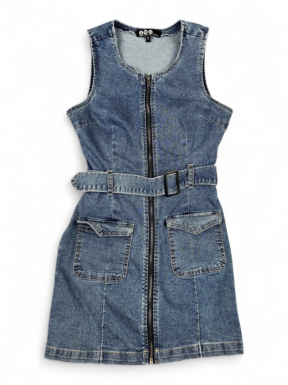 By Rewash Denim Zip-Front Midi Dress Belted Size S